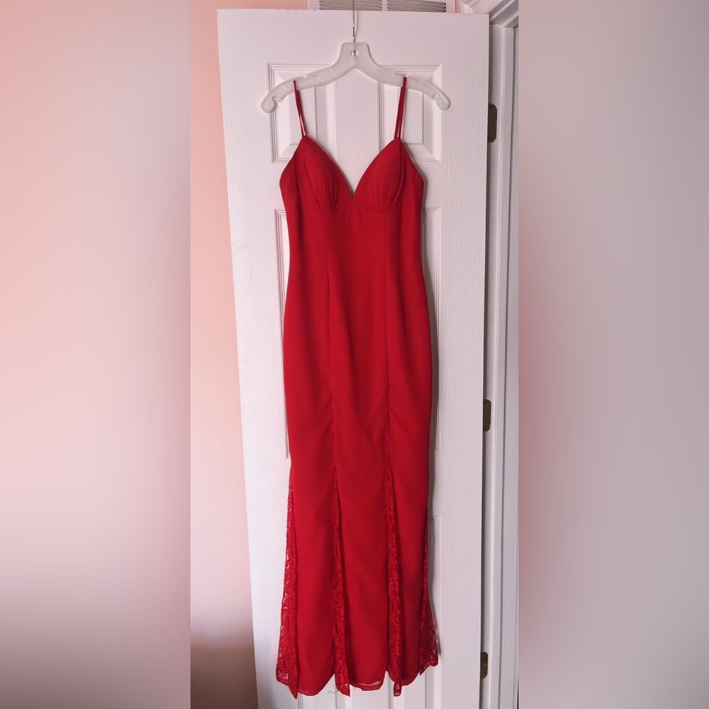 Faviana red floor length dress with lace detail